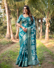Teal Blue Floral Printed Cotton Silk Saree