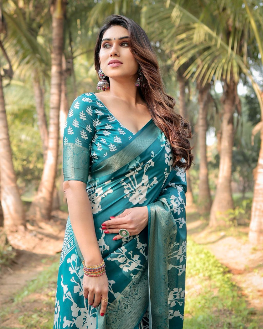 Teal Blue Floral Printed Cotton Silk Saree