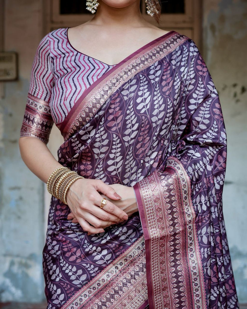 Grape Purple Floral Printed Cotton Silk Saree