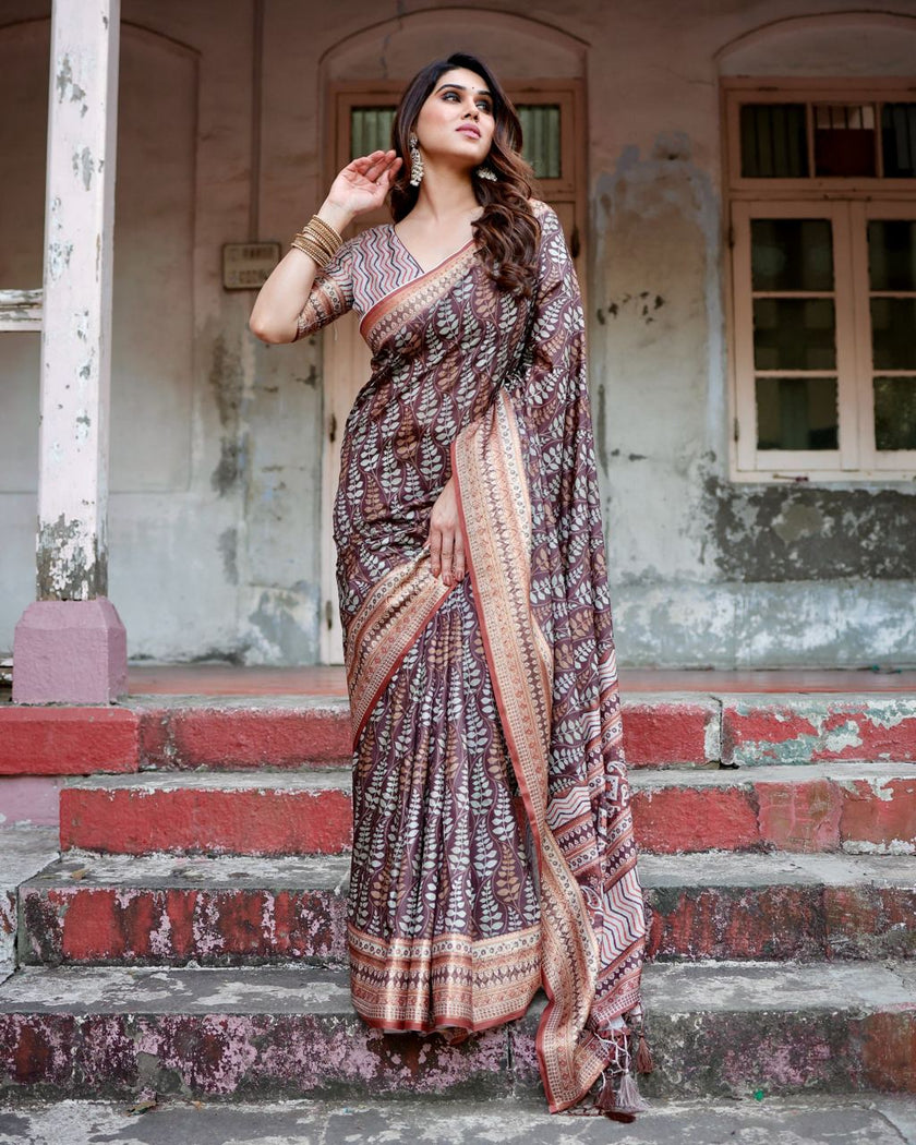 Dark Deep Brown Floral Printed Cotton Silk Saree