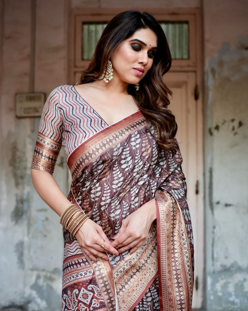 Dark Deep Brown Floral Printed Cotton Silk Saree
