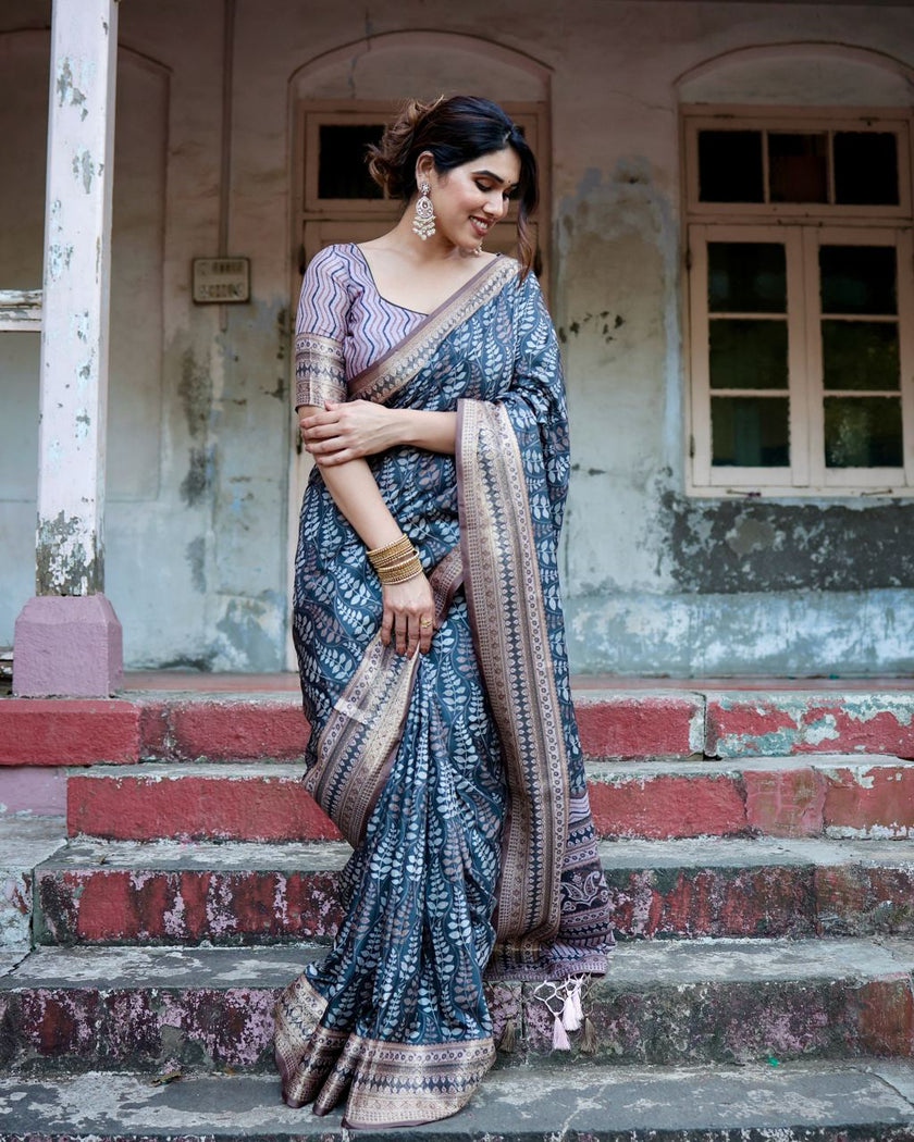 Dark Blue & Grey Floral Printed Cotton Silk Saree