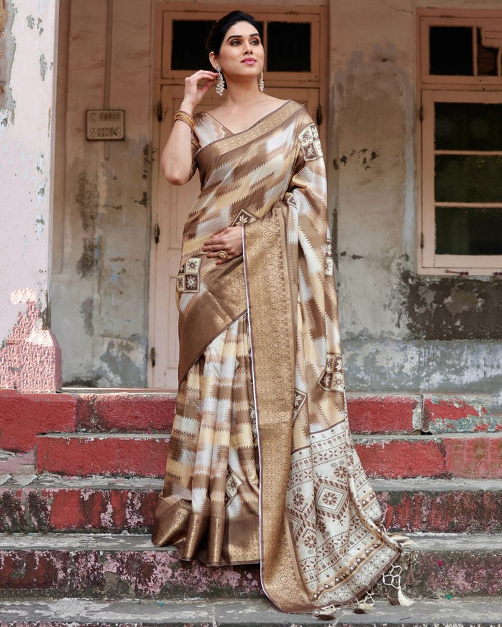 Beige Floral Printed Cotton Silk Saree