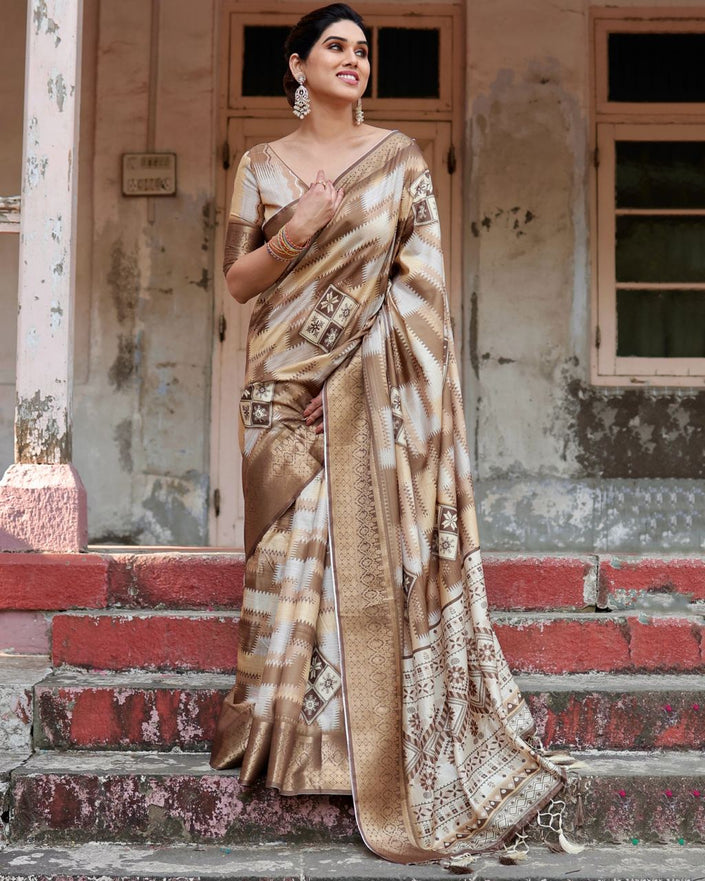 Beige Floral Printed Cotton Silk Saree