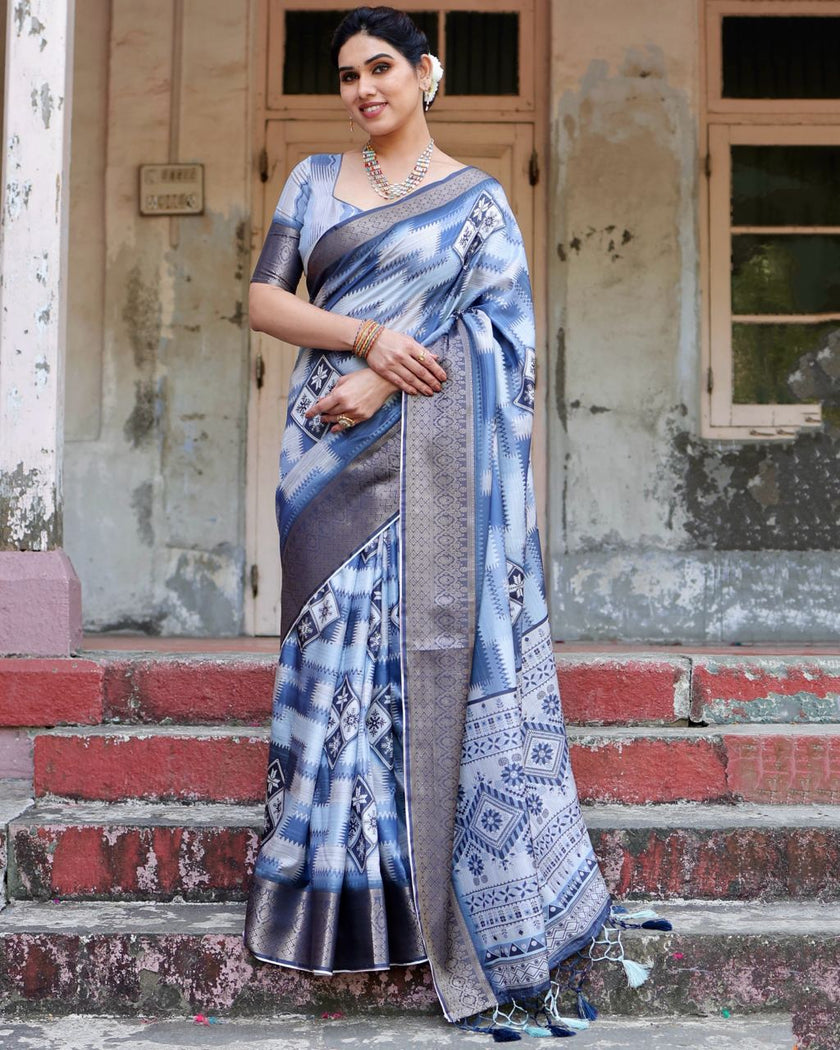 Blue Floral Printed Cotton Silk Saree