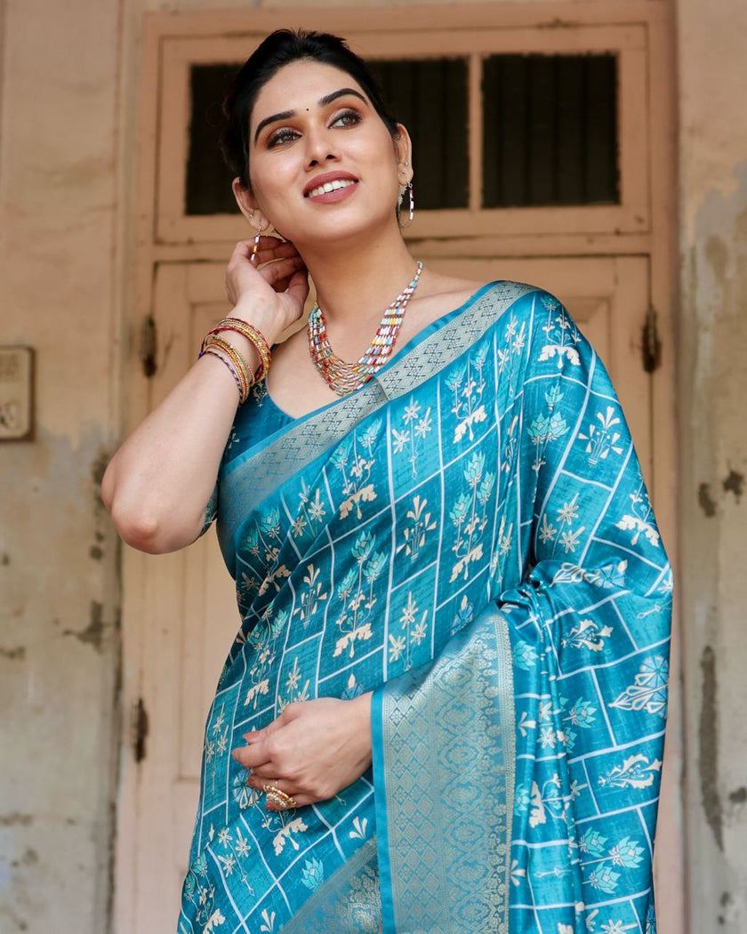 Sky Blue Floral Printed Cotton Silk Saree