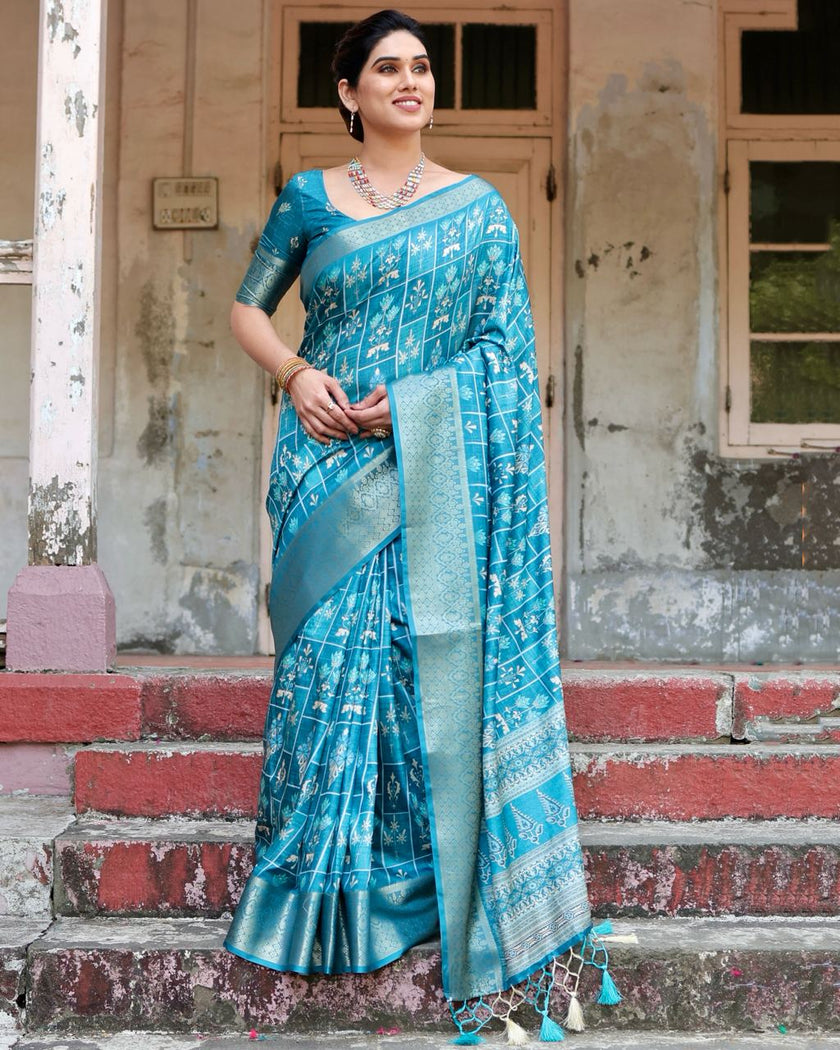 Sky Blue Floral Printed Cotton Silk Saree