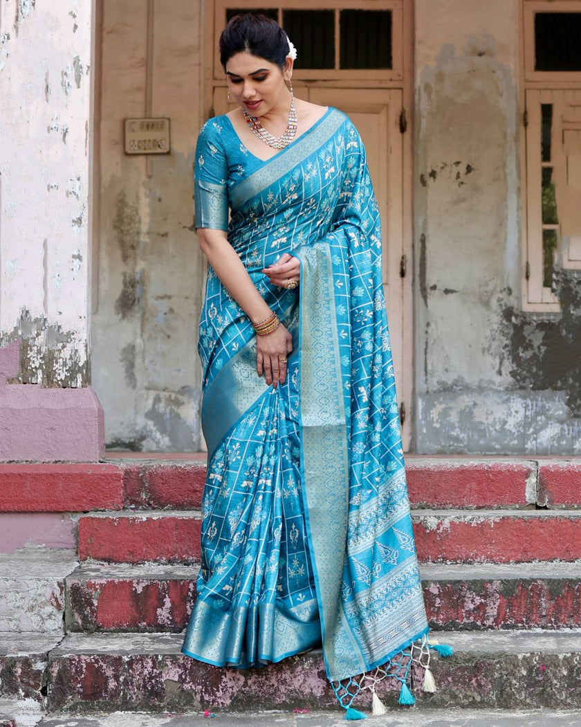 Sky Blue Floral Printed Cotton Silk Saree