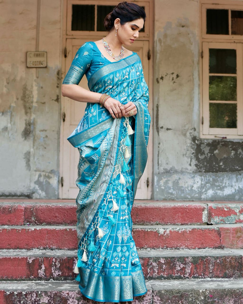 Sky Blue Floral Printed Cotton Silk Saree