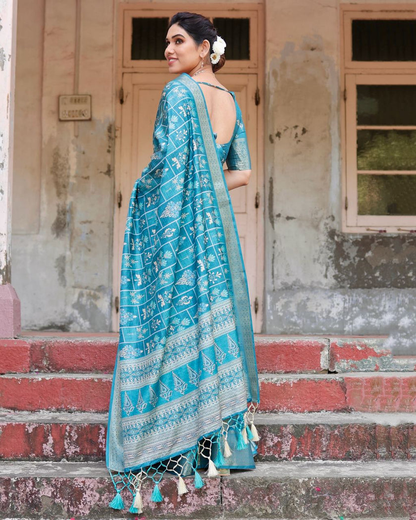 Sky Blue Floral Printed Cotton Silk Saree