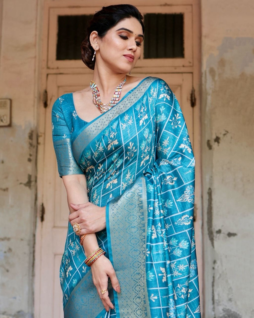 Sky Blue Floral Printed Cotton Silk Saree