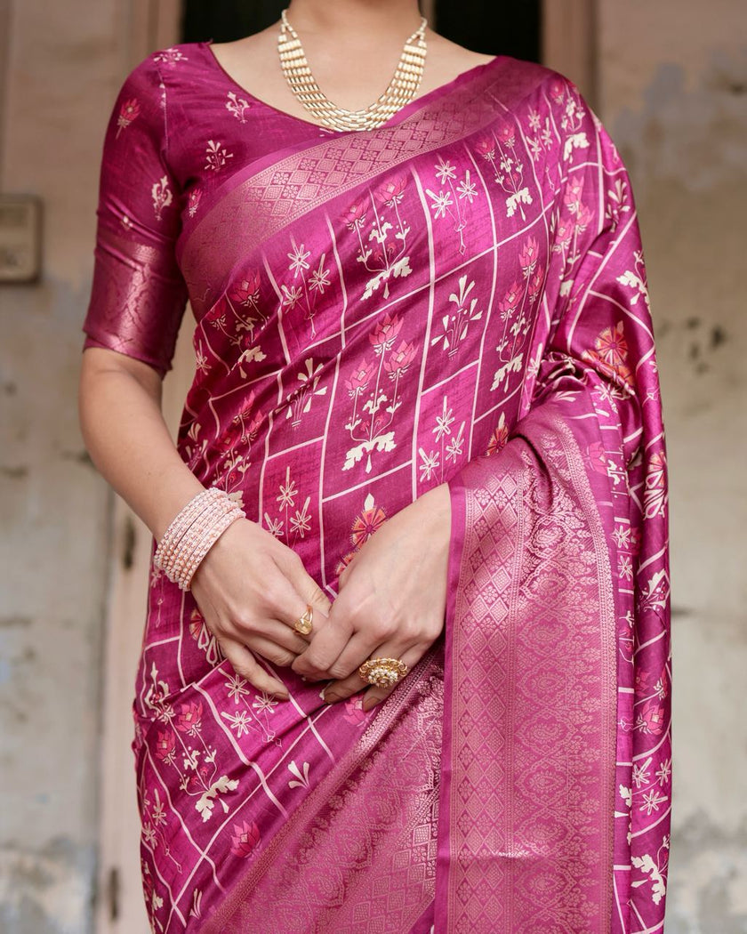 Rani Pink Floral Printed Cotton Silk Saree