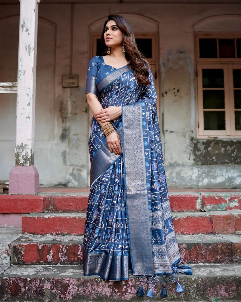 Navy Blue Floral Printed Cotton Silk Saree