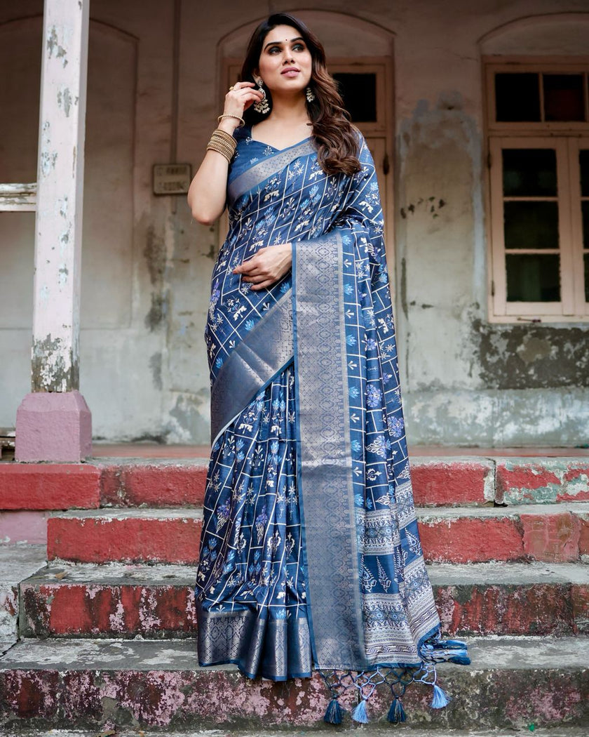Navy Blue Floral Printed Cotton Silk Saree
