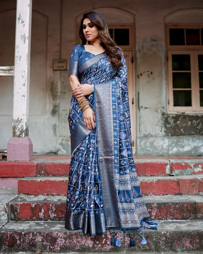 Navy Blue Floral Printed Cotton Silk Saree