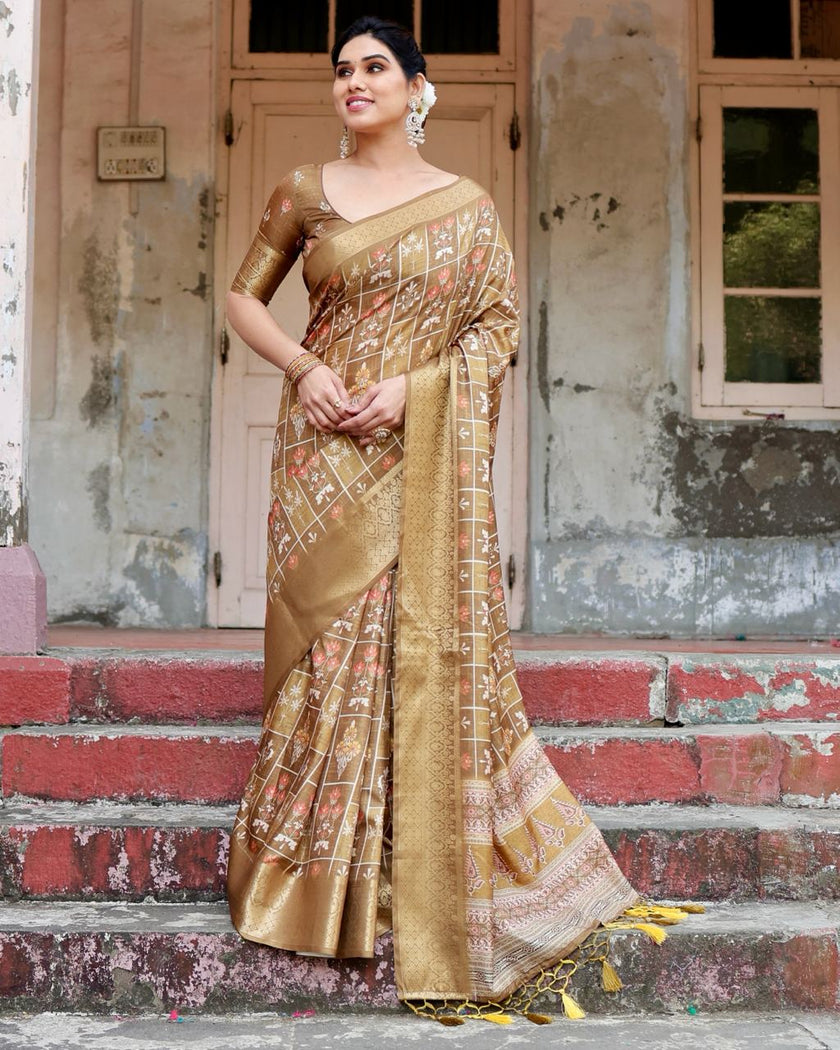 Cream Floral Printed Cotton Silk Saree