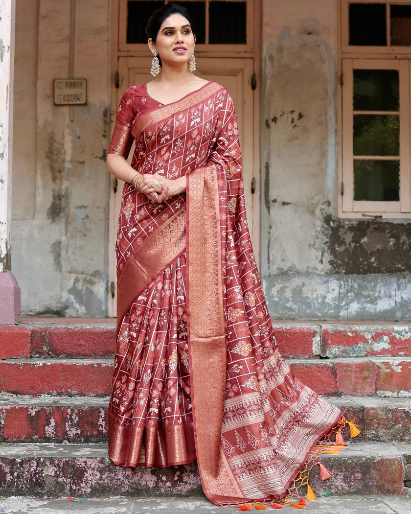 Maroon Floral Printed Cotton Silk Saree