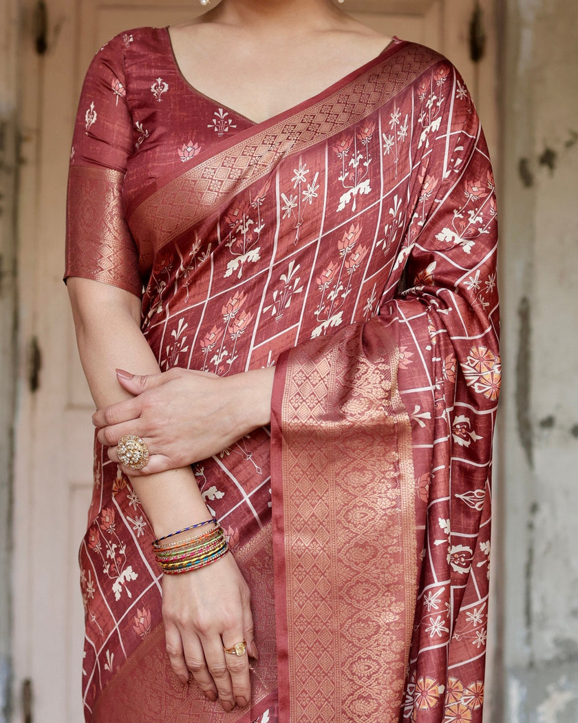 Maroon Floral Printed Cotton Silk Saree