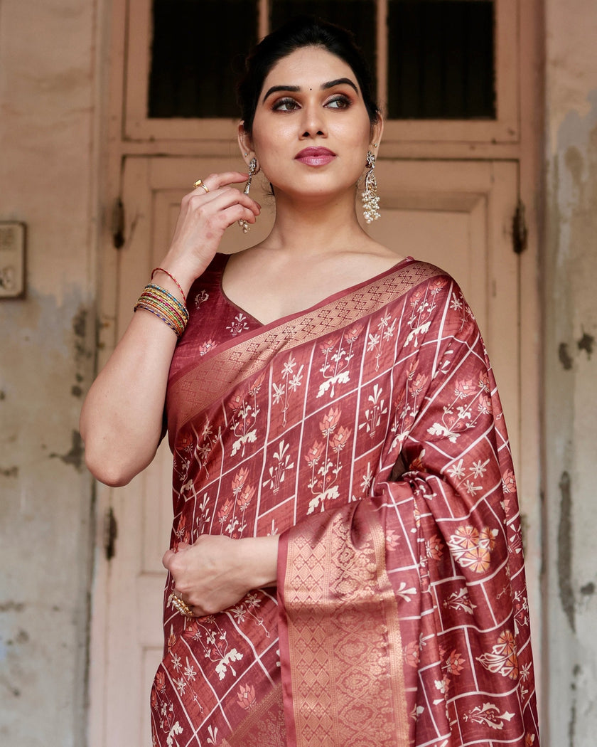 Maroon Floral Printed Cotton Silk Saree