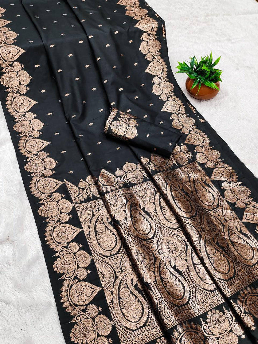 Elegant Black Banarasi Silk Saree with Copper Zari Weaving & Paisley Pallu