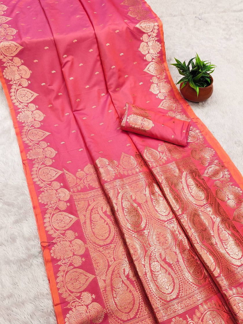 Radiant Rani Pink Banarasi Silk Saree with Rose-Gold Zari Weaving & Paisley Pallu