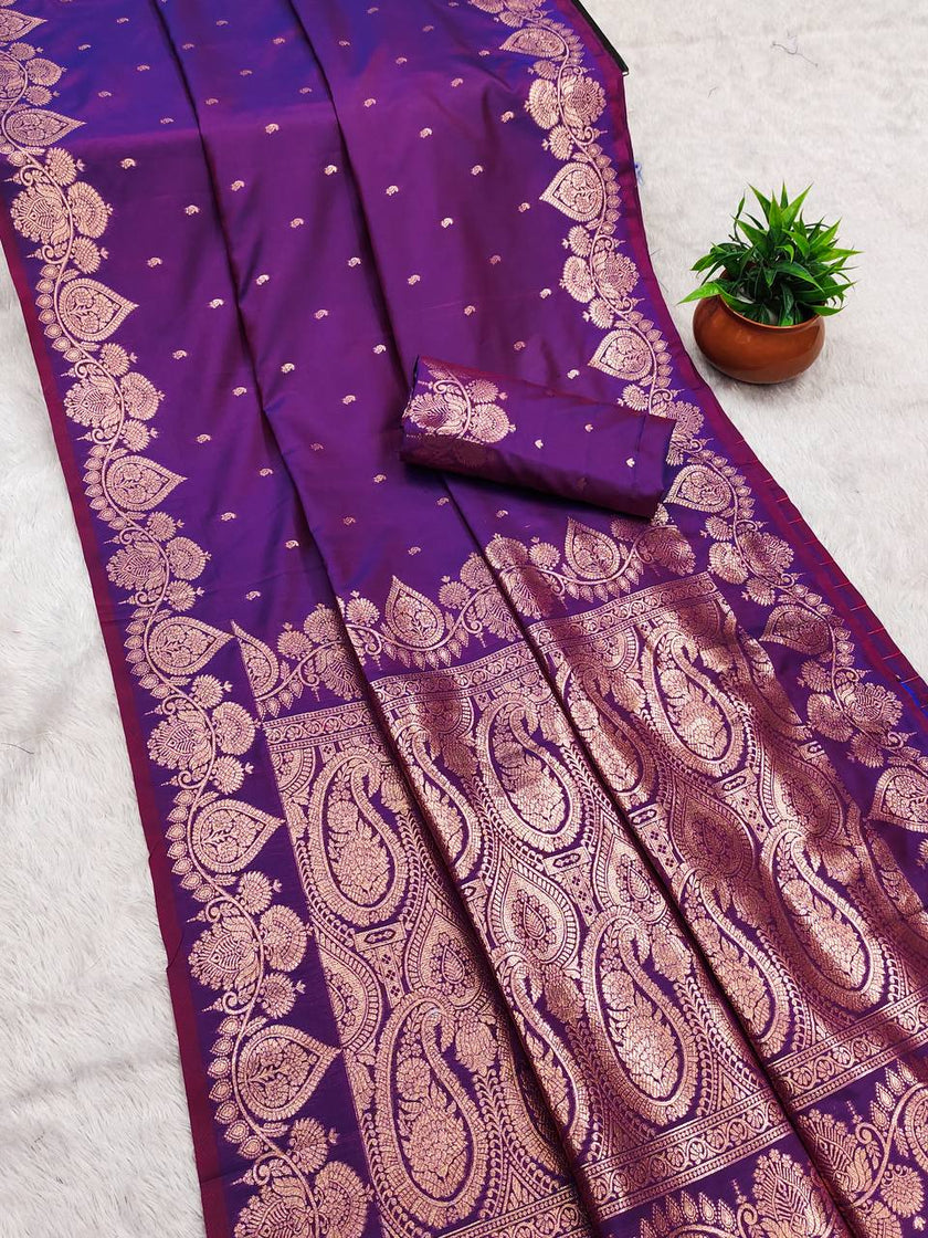 Regal Purple Kanjivaram Silk Saree with Rose Gold Zari Paisley Border