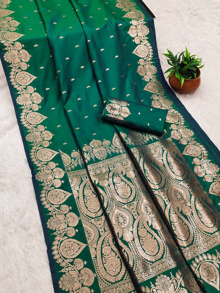 Royal Bottle Green Kanjivaram Silk Saree – Traditional Zari Border for Weddings