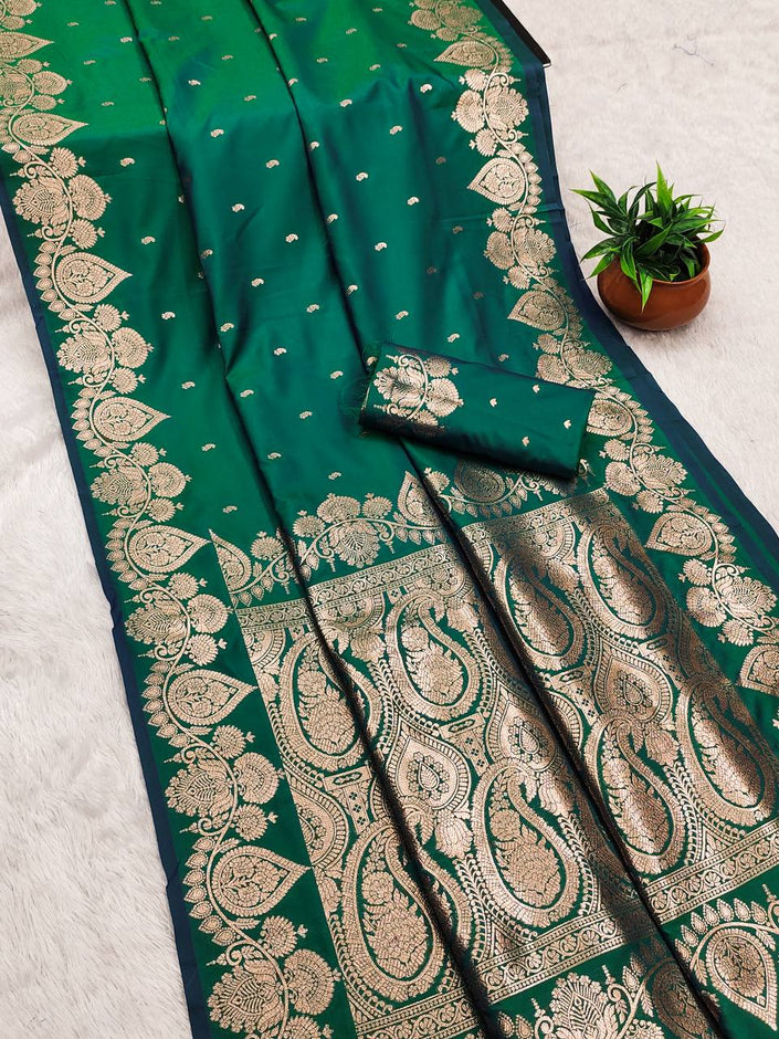 Royal Bottle Green Kanjivaram Silk Saree – Traditional Zari Border for Weddings