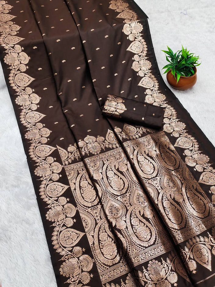 Midnight Coffee Banarasi Silk Saree with Antique Copper Zari & Paisley Pallu