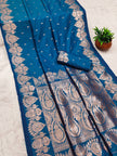 Teal Blue Banarasi Soft Silk Saree with Copper Zari Weaving & Paisley Pallu