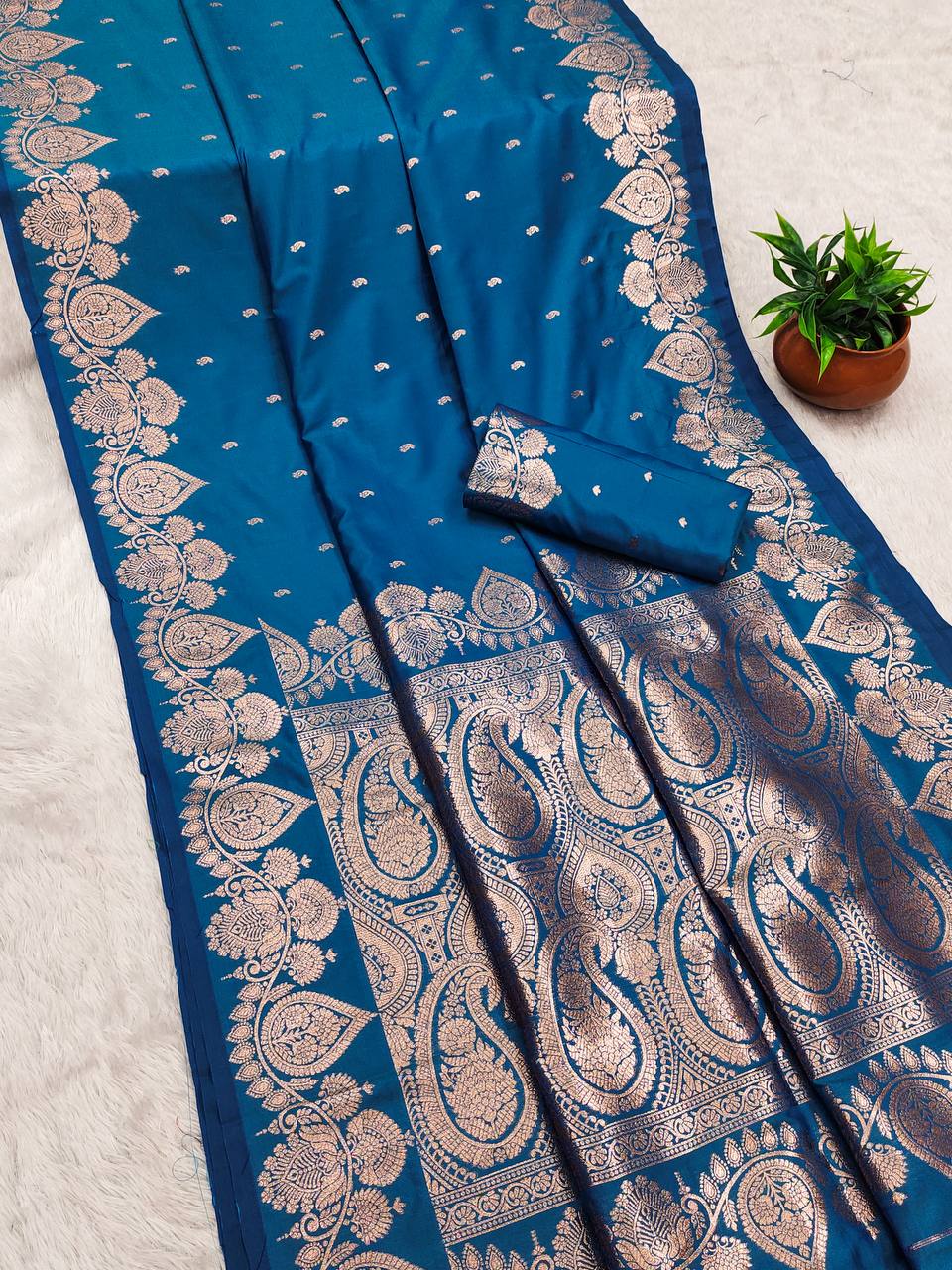 Teal Blue Banarasi Soft Silk Saree with Copper Zari Weaving & Paisley Pallu