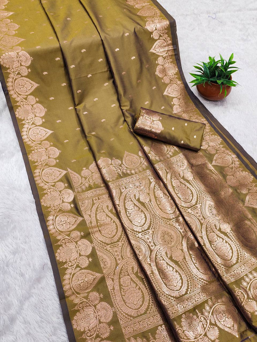Elegant Olive Green Soft Silk Saree with Antique Copper Zari & Intricate Paisley Pallu