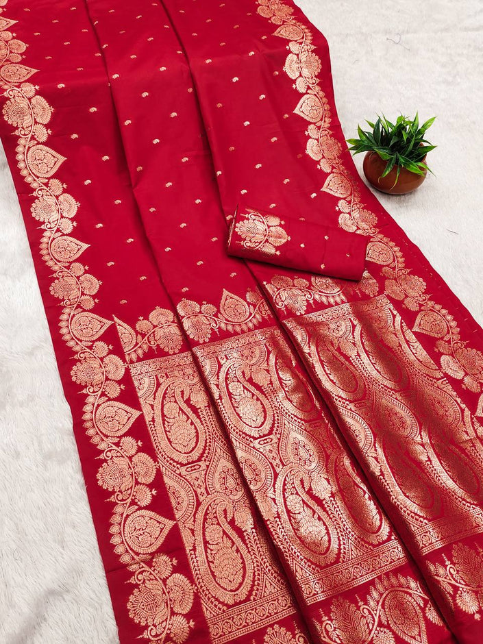 Regal Crimson Red Soft Silk Saree with Antique Copper Zari & Grand Paisley Pallu
