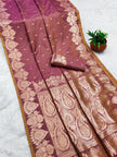 Elegant Mauve Silk Saree with Antique Copper Zari Paisley Border and Blouse Piece