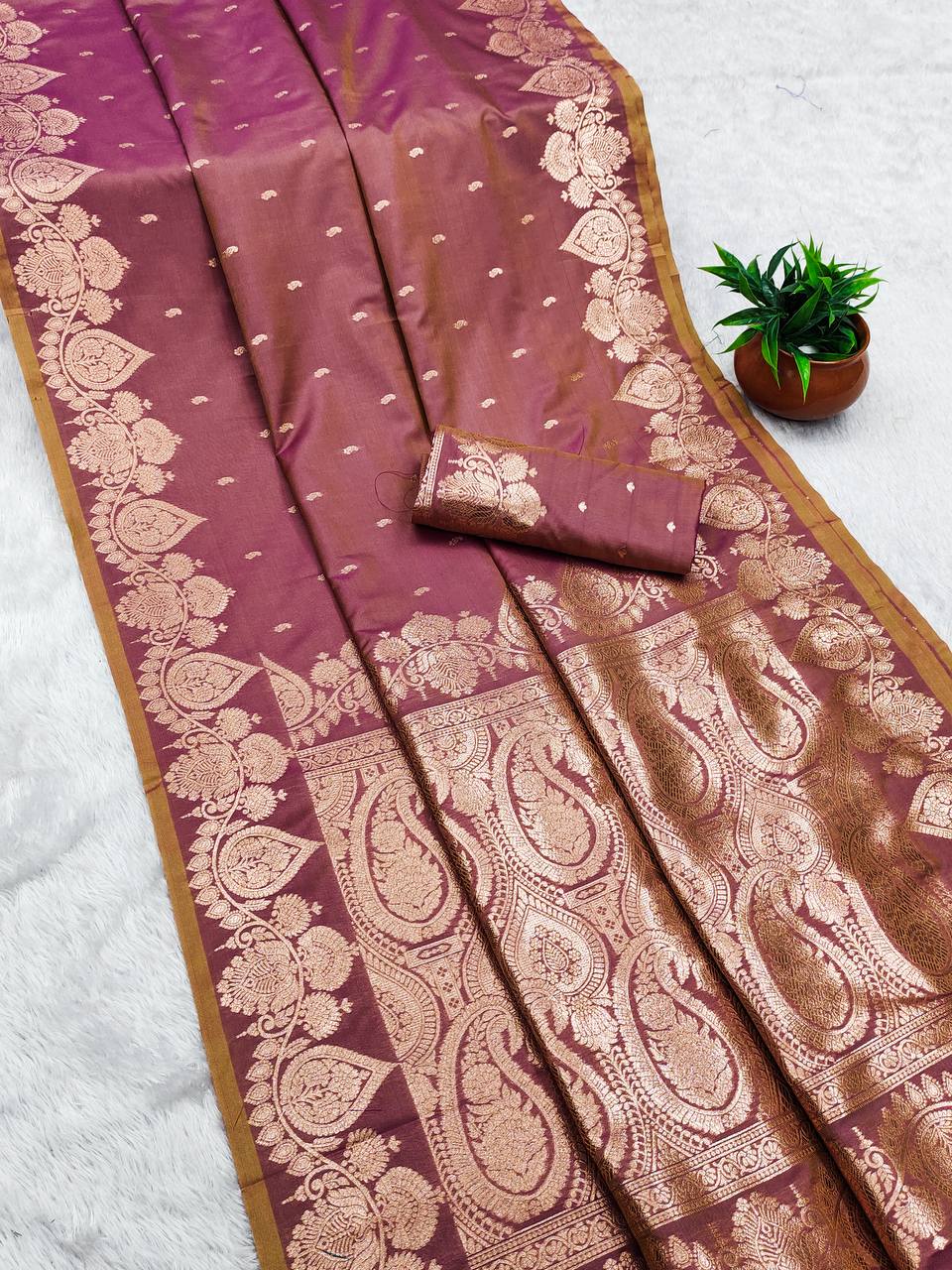 Elegant Mauve Silk Saree with Antique Copper Zari Paisley Border and Blouse Piece