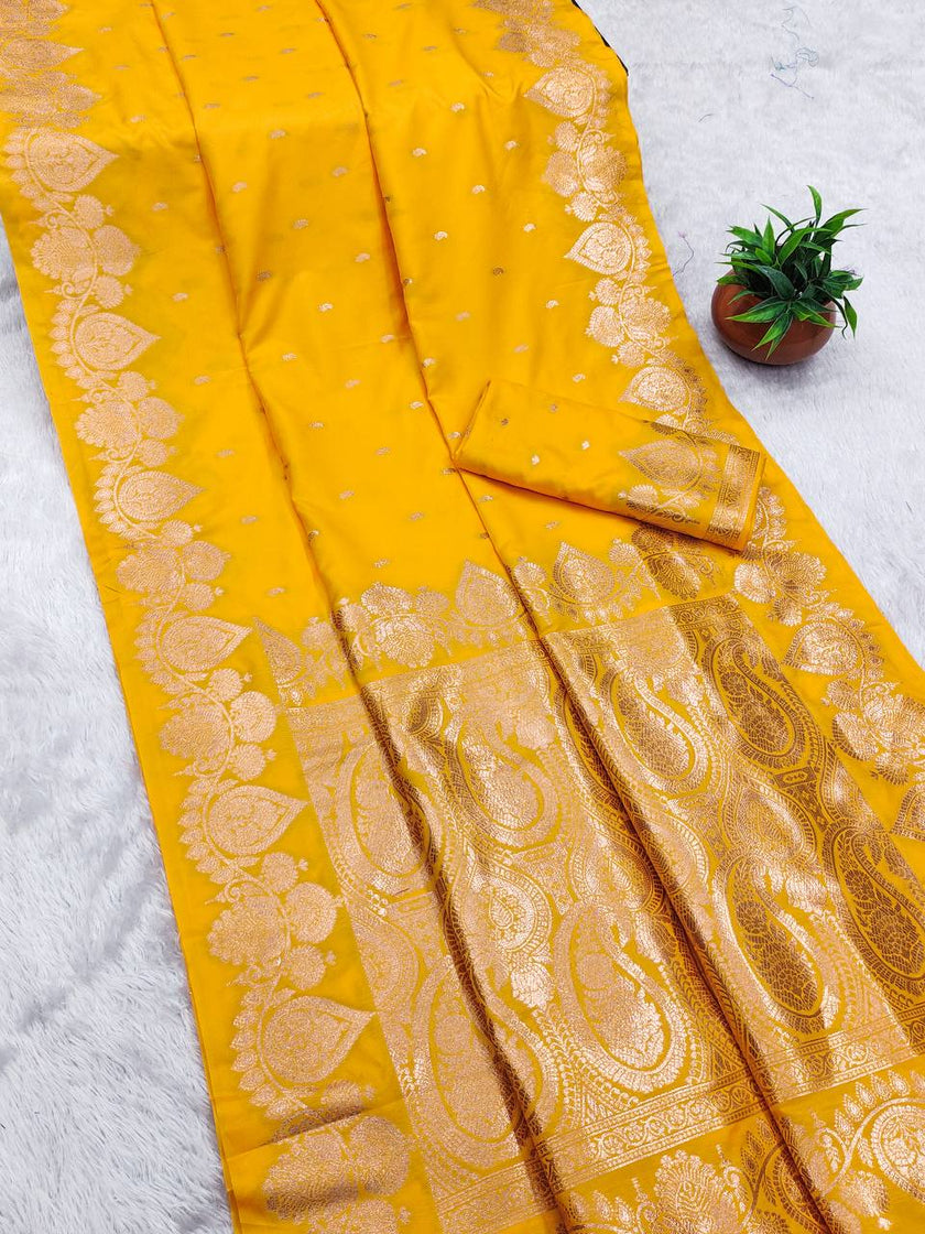 Radiant Mustard Yellow Silk Saree with Traditional Gold Zari Paisley Border and Blouse