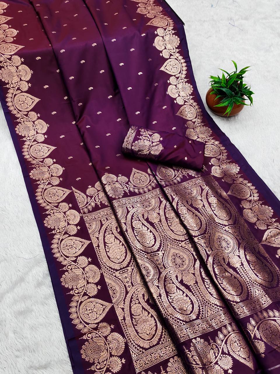 Royal Wine Banarasi Soft Silk Saree with Antique Zari Weaving and Paisley Pallu