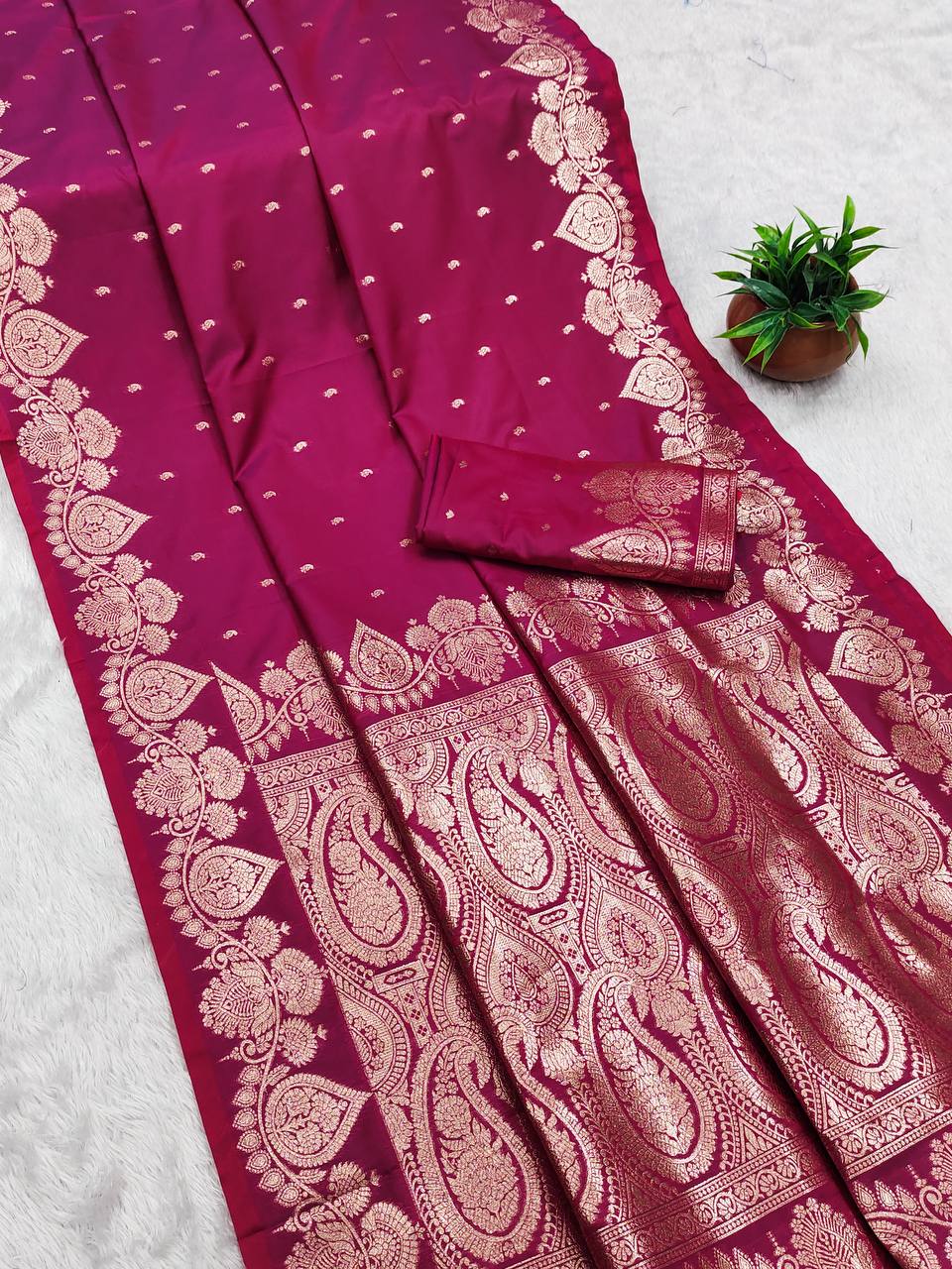 Radiant Magenta Banarasi Soft Silk Saree with Rich Gold Zari Pallu and Paisley Border