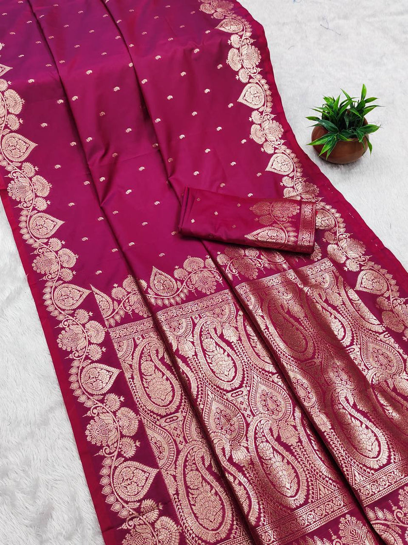 Radiant Magenta Banarasi Soft Silk Saree with Rich Gold Zari Pallu and Paisley Border