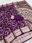 Wine Purple Banarasi Silk Saree with All-Over Floral Zari Jaal Work