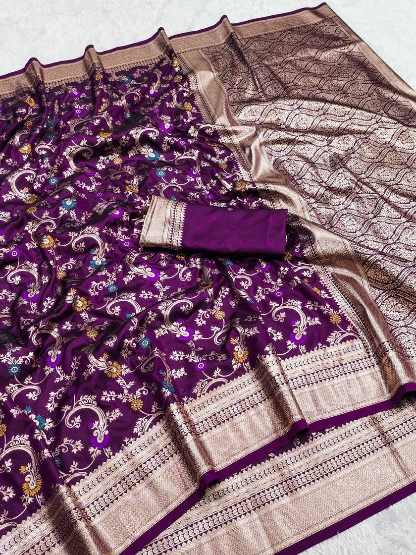 Wine Purple Banarasi Silk Saree with All-Over Floral Zari Jaal Work