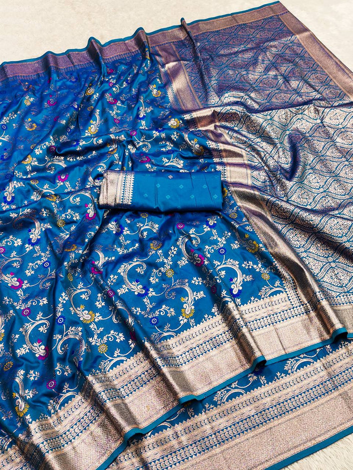 Royal Teal Blue Banarasi Silk Saree with Antique Zari Jaal & Floral Meenakari