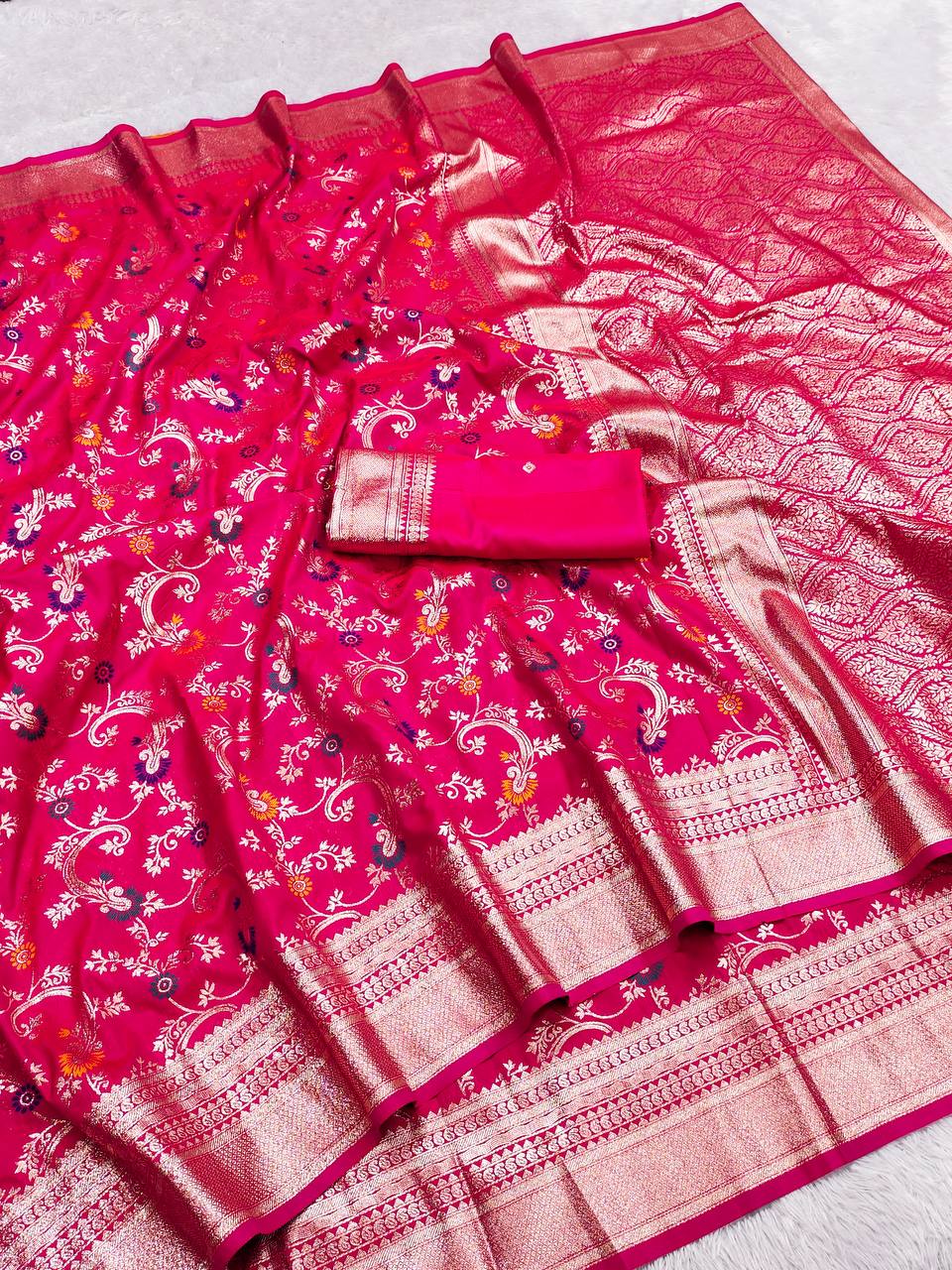 Exquisite Rani Pink Banarasi Silk Saree with Meenakari Floral Jaal & Zari Border