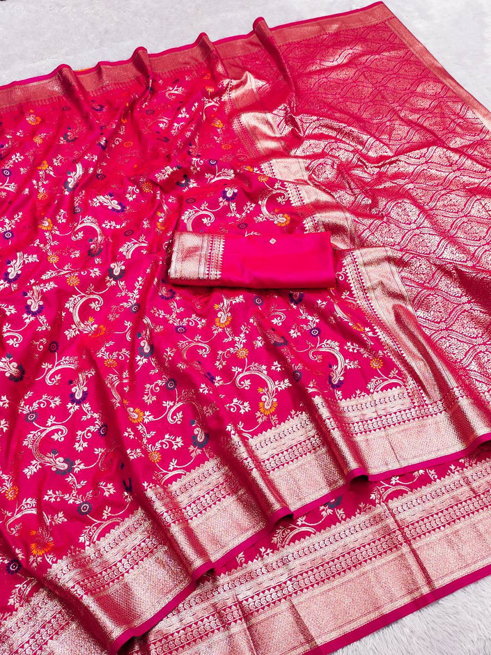 Exquisite Rani Pink Banarasi Silk Saree with Meenakari Floral Jaal & Zari Border