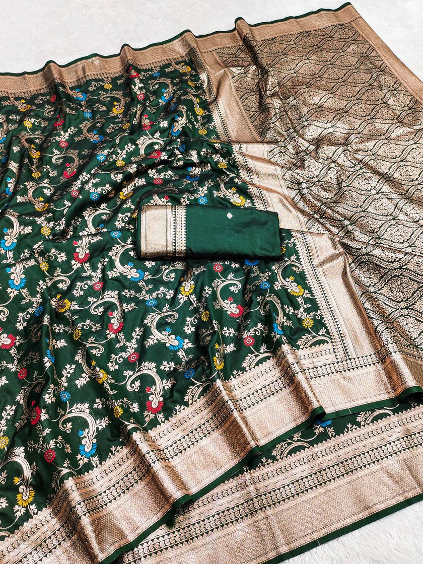 Emerald Green Banarasi Silk Saree with Meenakari Floral Weave & Rich Zari Pallu