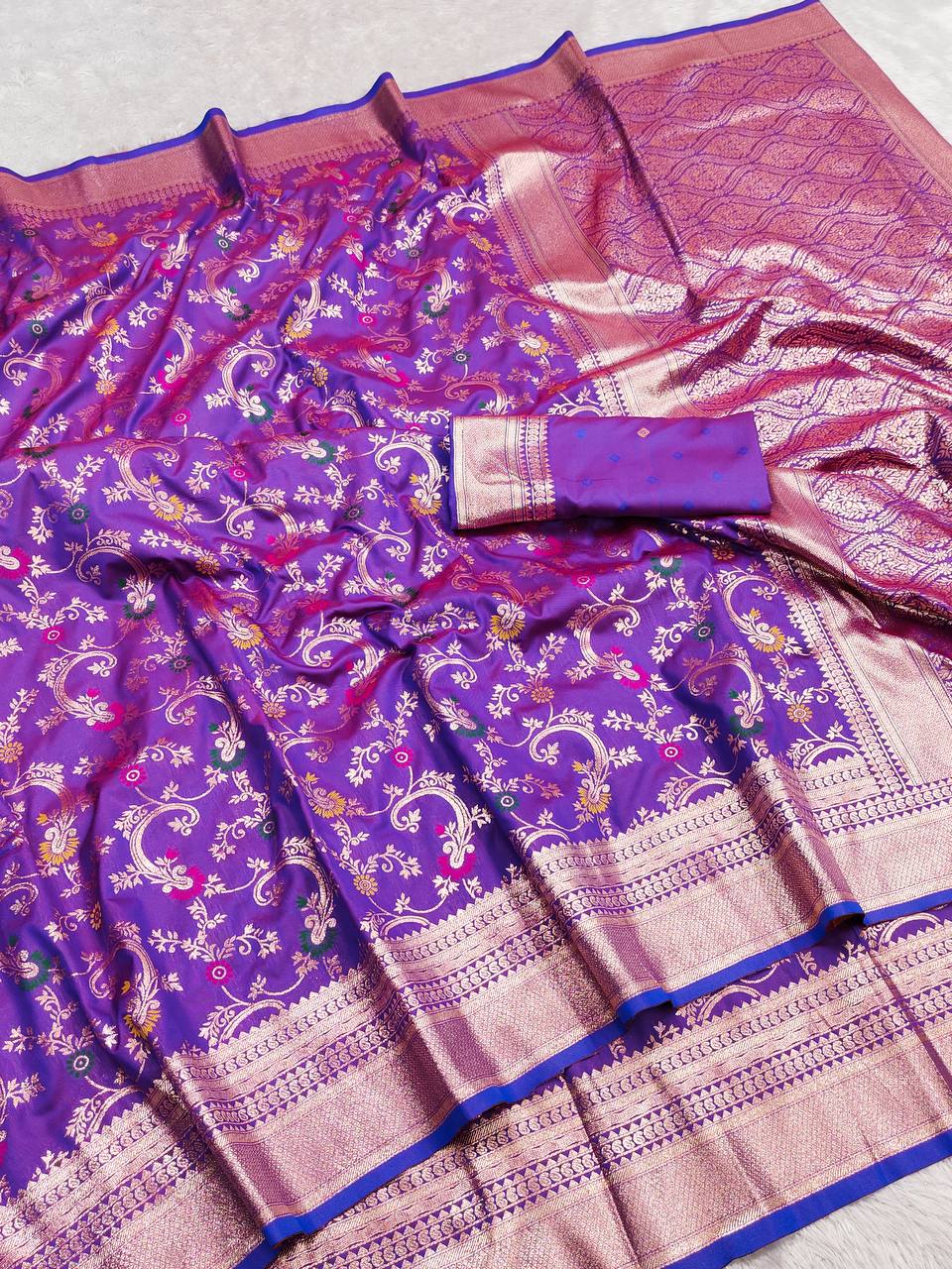 Royal Purple Banarasi Silk Saree with Meenakari Floral Jaal & Zari Border