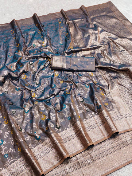 Steel Grey & Copper Banarasi Silk Saree with Meenakari Floral Weave
