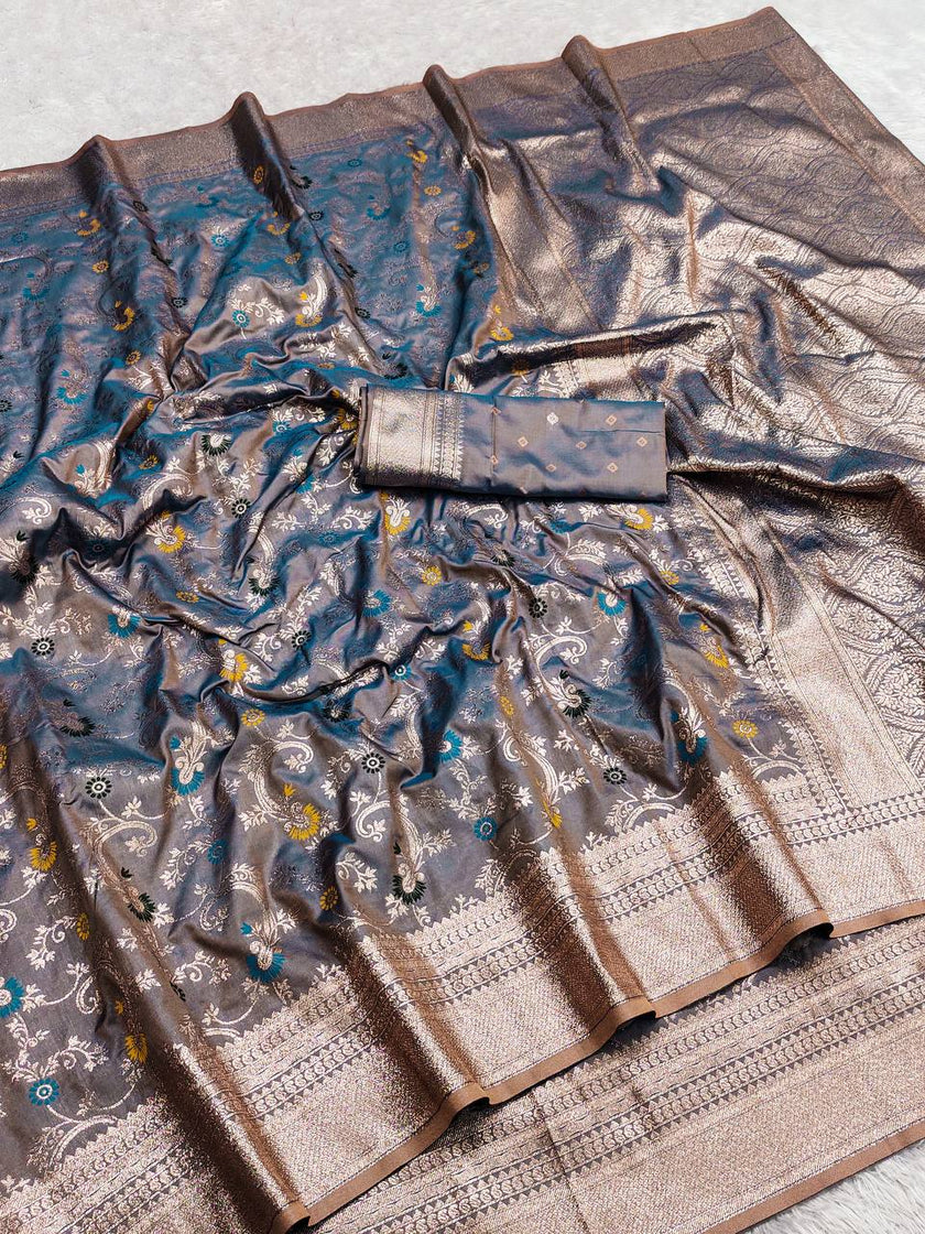 Steel Grey & Copper Banarasi Silk Saree with Meenakari Floral Weave