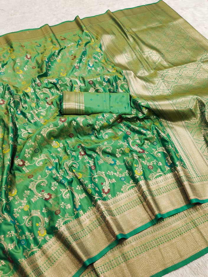 Emerald Green Banarasi Silk Saree with Gold Zari & Multicolored Meenakari Floral Weave