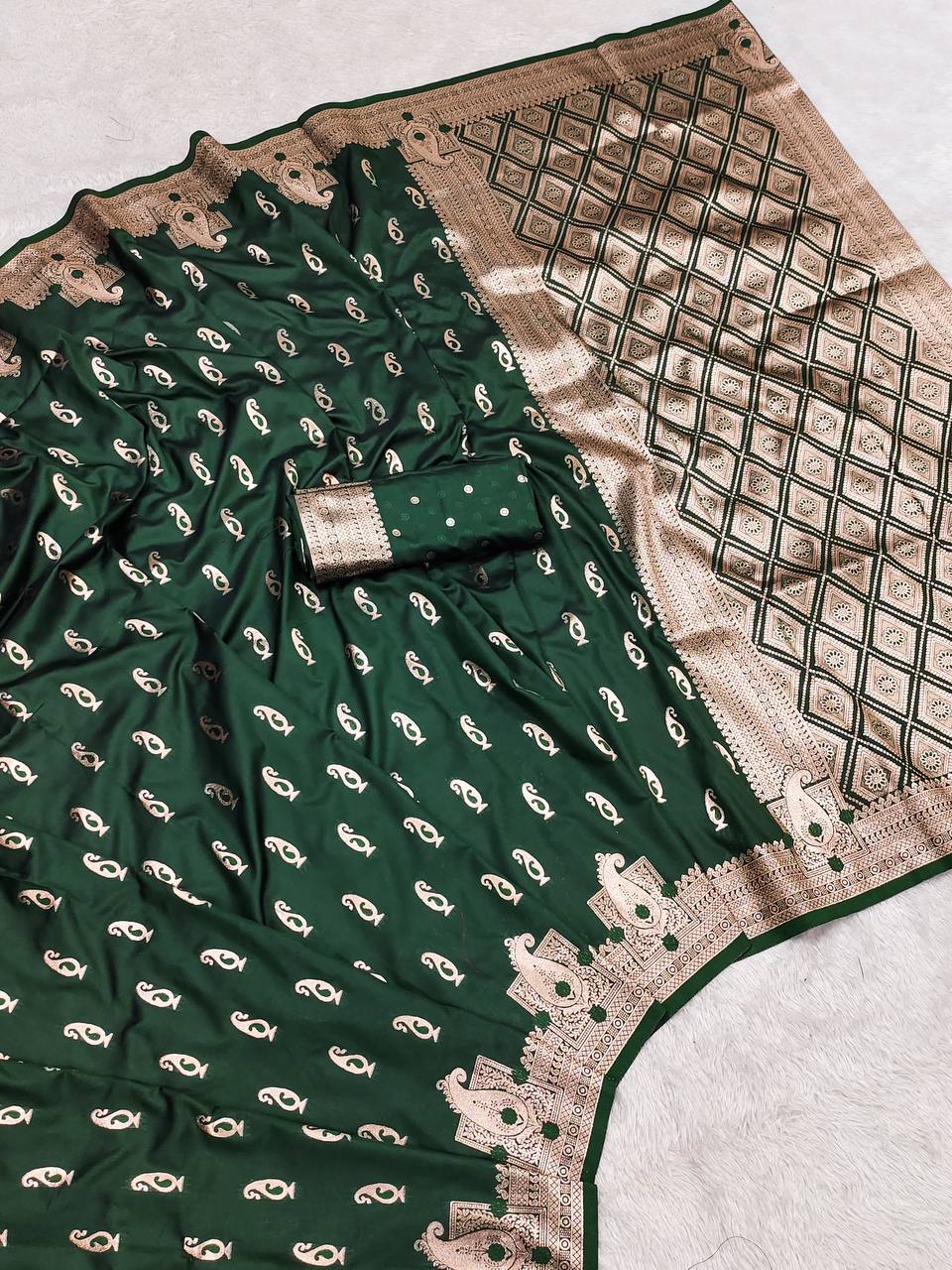 Deep Bottle Green Banarasi Silk Saree with Gold Zari Butta and Rich Pallu